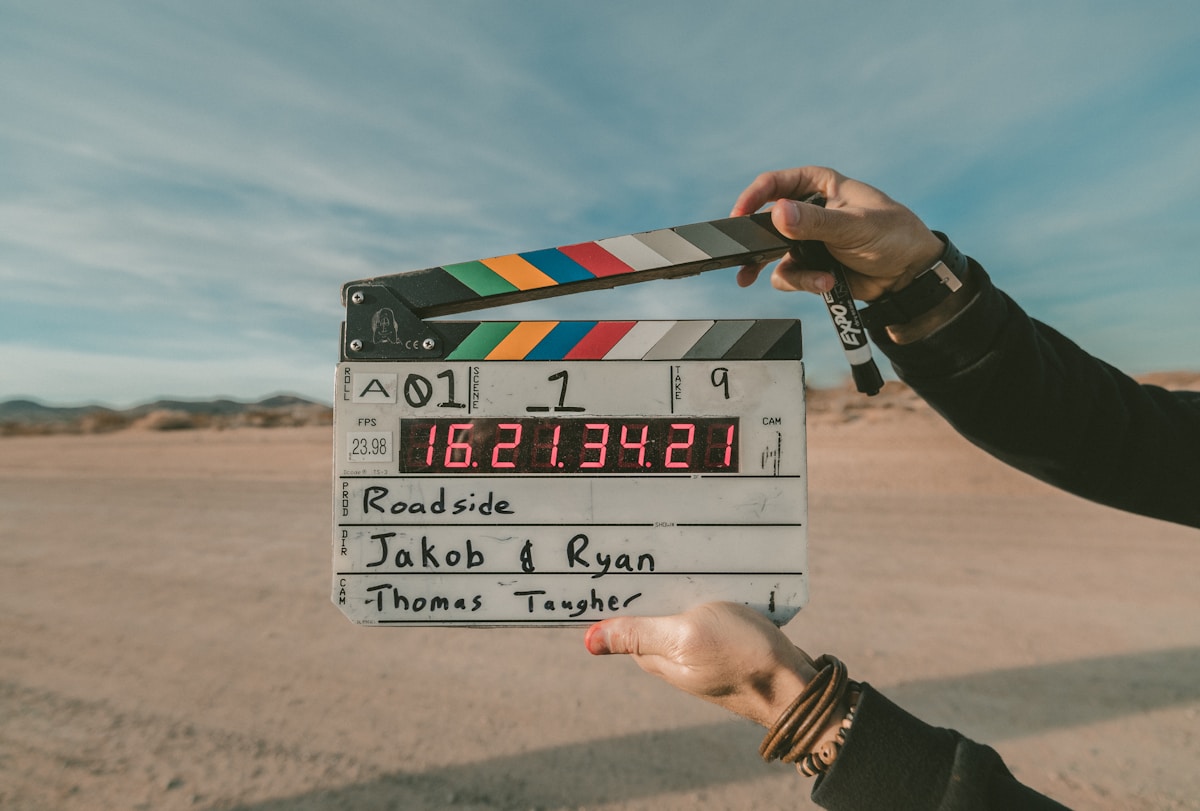 Cinematic wedding videography — film clapperboard on set